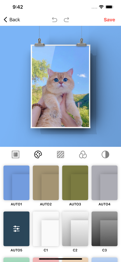 Frame Art: Photo Frames App - Interface of the Frame Art app showing a framed cat photo with various background color options