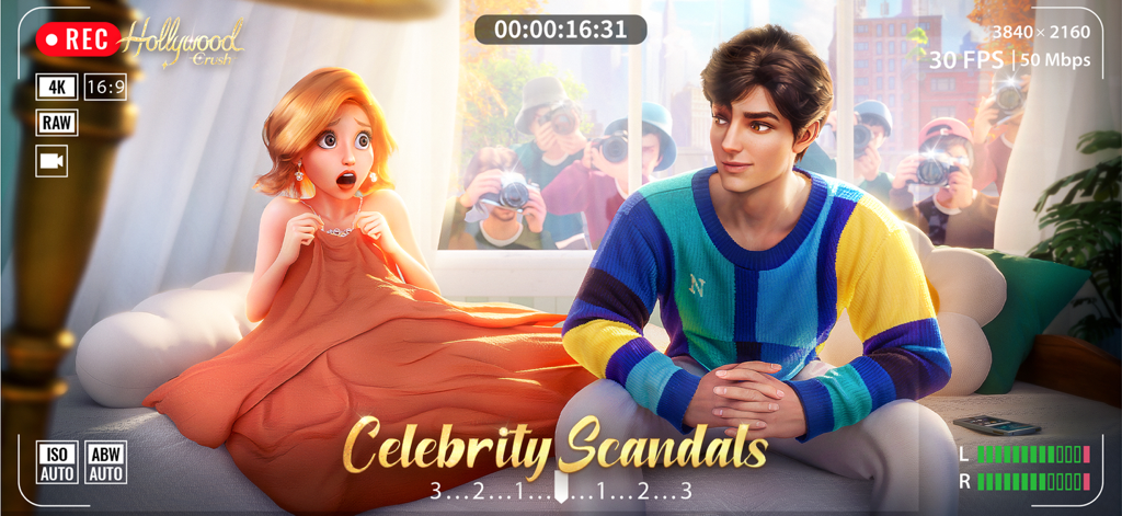 Hollywood Crush - Una mujer y un hombre sorprendidos en un sofá siendo fotografiados por paparazzi bajo el título Escándalos de Celebridades