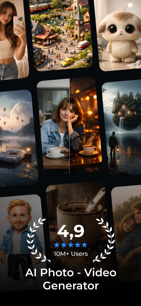 Pixoo-AI Photo&Video Generator - A showcase of artistic AI-generated image styles including portraits, landscapes, and miniatures from the Pixoo app.