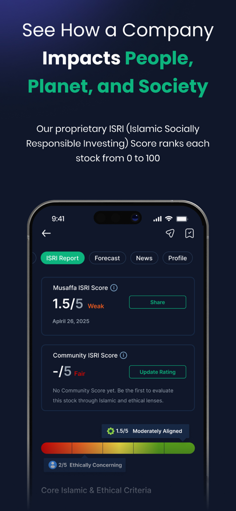 Musaffa: Halal Investing - Interface de l'application Musaffa montrant un score d'investissement socialement responsable islamique pour l'analyse des actions
