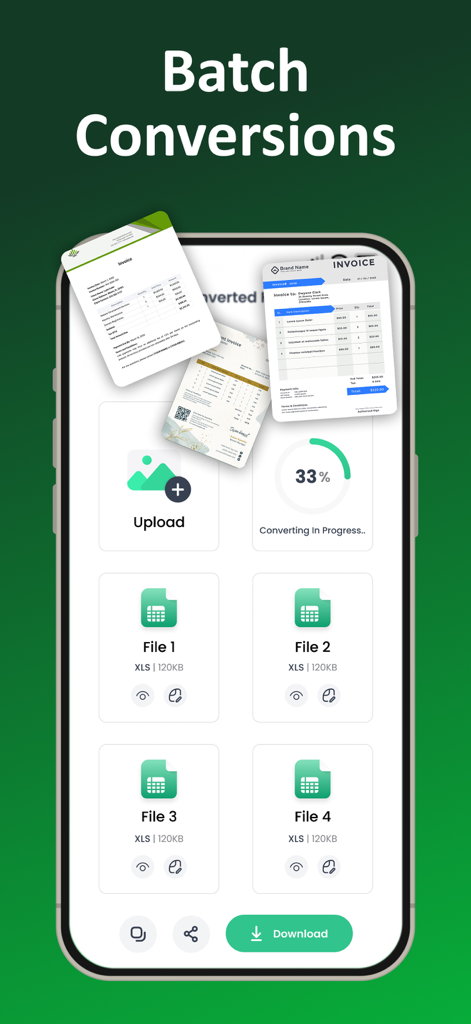 Image to Excel Converter－XLSX - Interfaz de aplicación móvil que muestra la conversión por lotes de múltiples facturas en hojas de cálculo de Excel