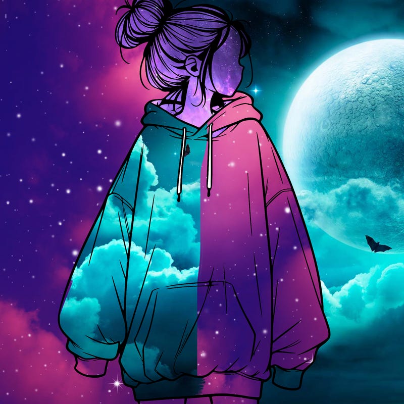 realistic girl with a oversized sweatshirt on and a bun