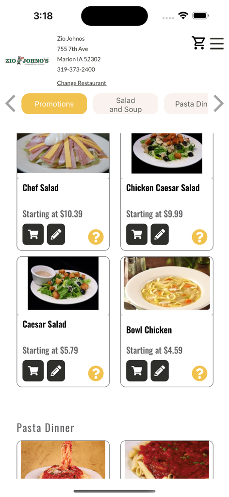 Interfaccia dell'app mobile Zio Johno's che mostra categorie di menu di insalate e zuppe e articoli con prezzi.