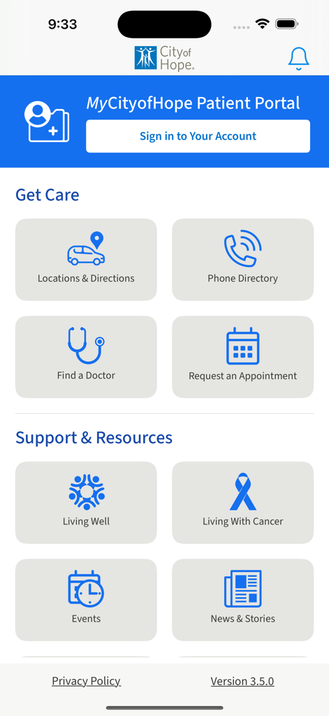 Home screen of the City of Hope mobile app showing the patient portal login and health resource icons.