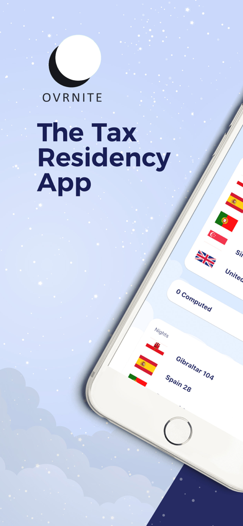 Ovrnite, The Tax Residency App - Ovrnite mobile app interface for tracking international travel days and tax residency