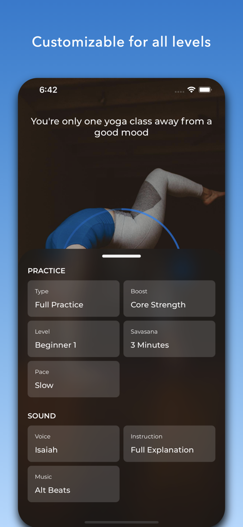 Down Dog yoga app interface showing practice customization options like level, pace, and sound settings.