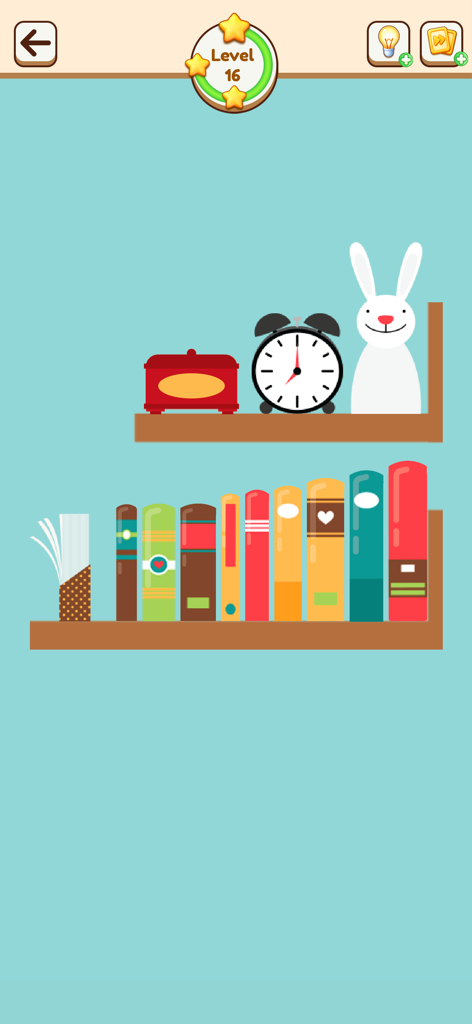 파란색 배경에 밝은 갈색 선반에 책과 물건이 깔끔하게 정리된 Arrange Them Little Right의 아늑한 퍼즐 레벨 스크린샷