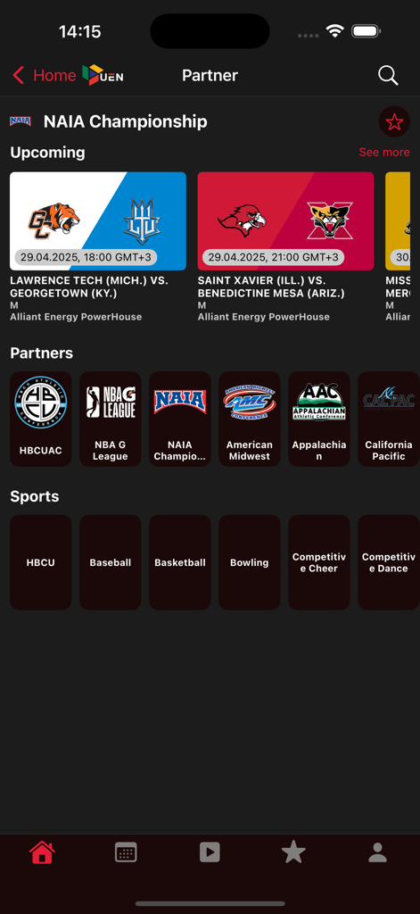 Urban Edge Network | UEN - Urban Edge Network app screen showing sports partners like NBA G League and HBCU alongside various collegiate sports categories