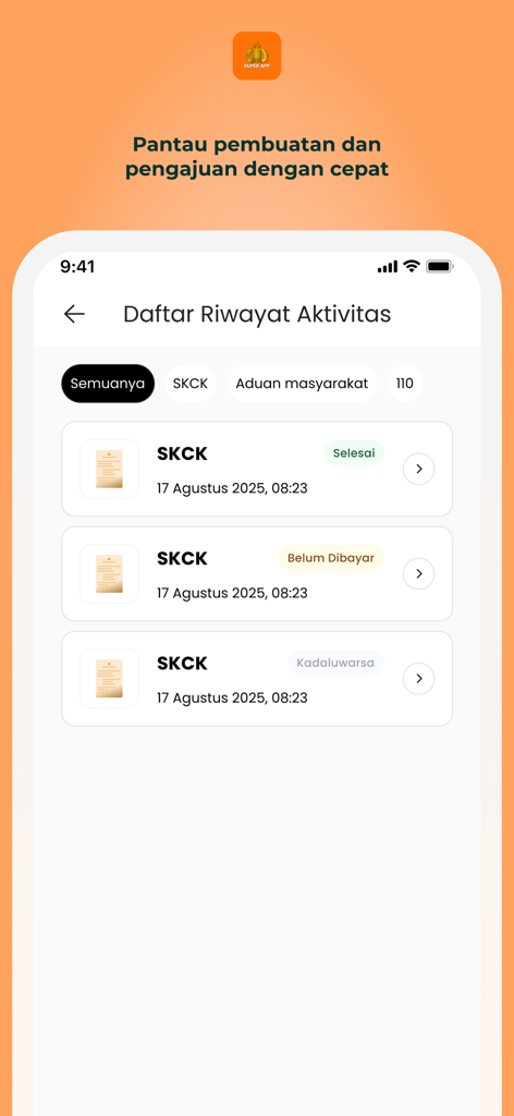 Super App Polri - Activity history screen in the Super App Polri showing statuses for SKCK submissions