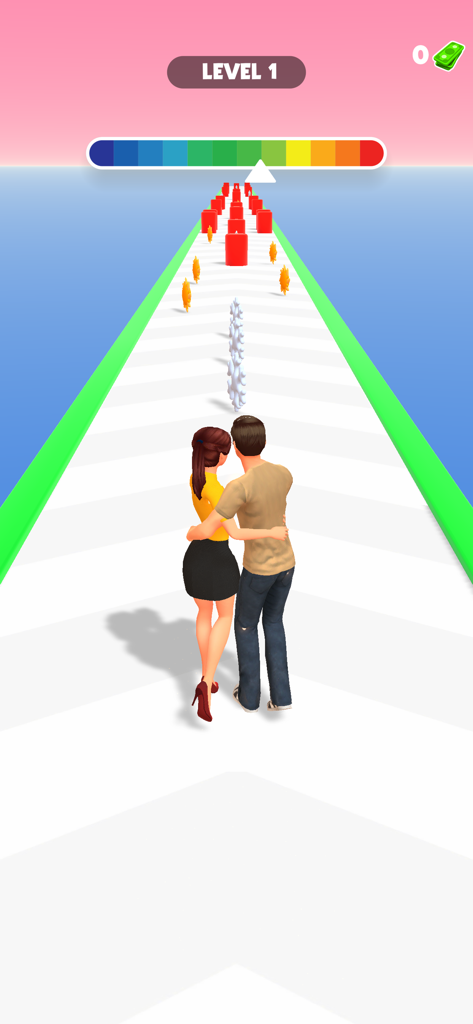 Hug Me Warmのゲームプレイ画面。カップルが小道を歩きながら抱き合っており、温度計が表示されています。