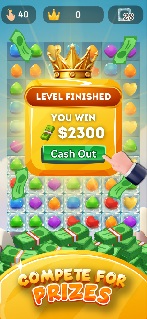 Sugar Cash Match3 Money Prizes - Tela de vitória Sugar Cash Match3 mostrando prêmio em dinheiro e botão de saque
