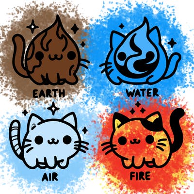 4 cats that represent the different elements, earth, water, air, and fire