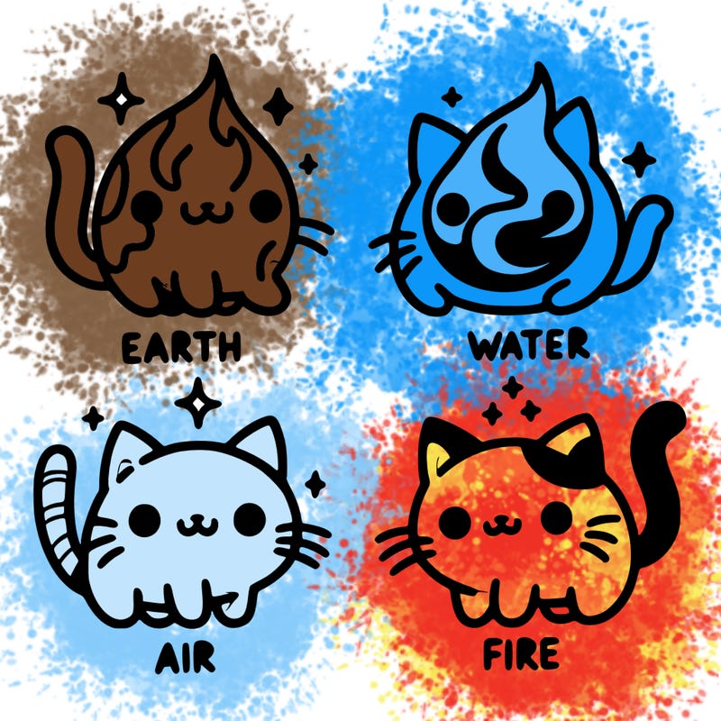 4 cats that represent the different elements, earth, water, air, and fire