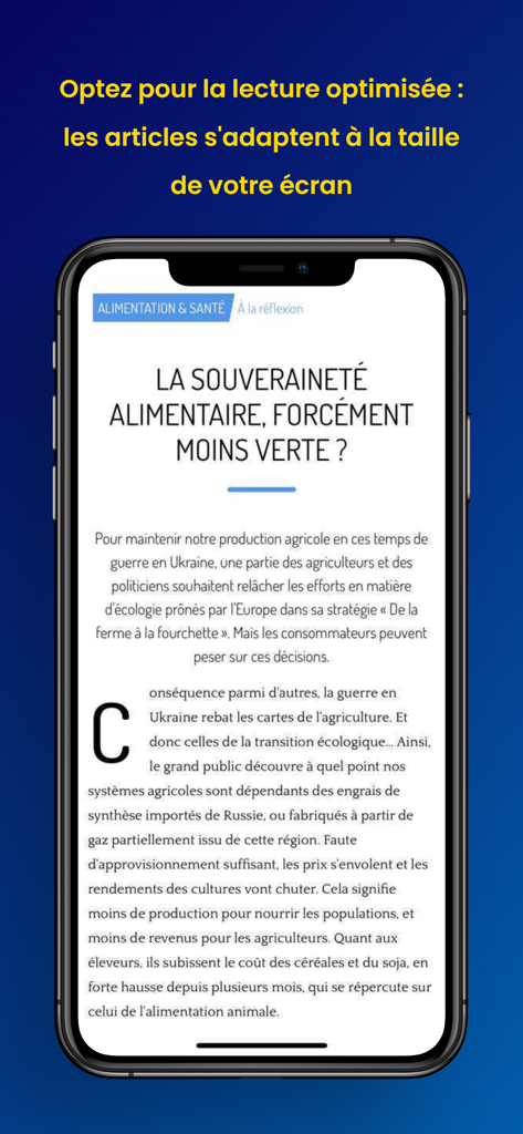 60 Millions - Smartphone screen showing the 60 Millions app with a consumer news article in optimized mobile reading layout