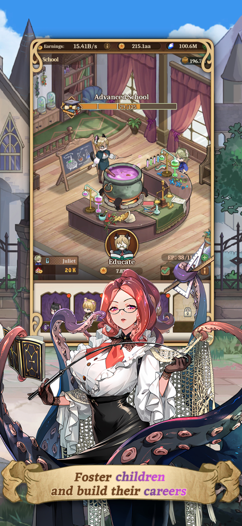 Um personagem professor polvo na tela de gerenciamento escolar de Isekai Slow Life onde os jogadores criam filhos e constroem suas carreiras