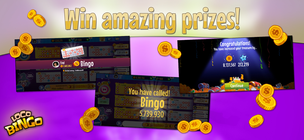 Loco Bingo & Slots Games - Promotional screenshot of Loco Bingo and Slots showing game screens with big coin wins and the text win amazing prizes