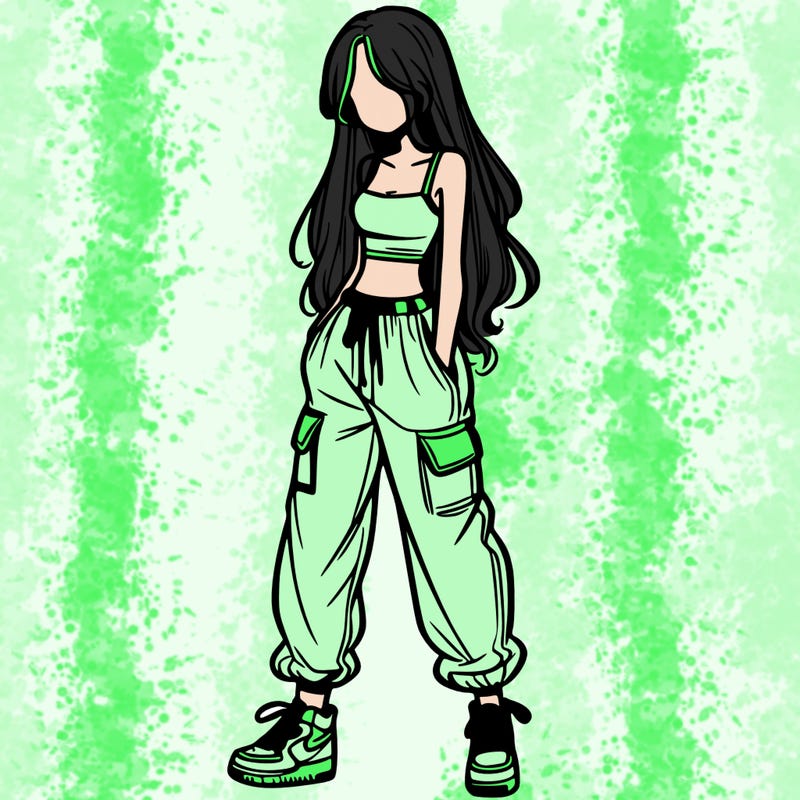 girl in baggy pants crop top and long hair
