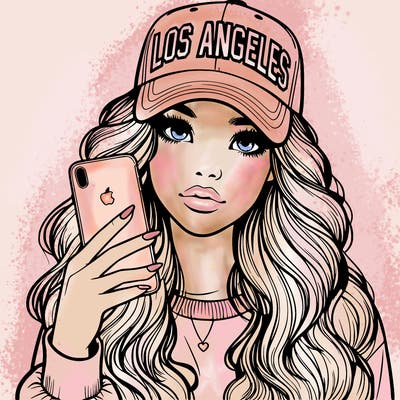 realistic beautiful girl wearing los ángeles cap holding an iphone