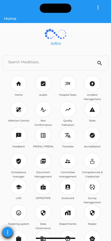 Medblaze AMH mobile app home screen showing various healthcare management icons and compliance modules