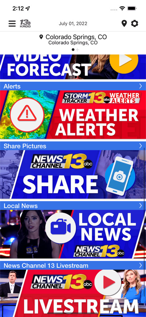 KRDO StormTracker 13 Weather - The home screen of the KRDO StormTracker 13 Weather app for Colorado Springs showing weather alerts video forecast and local news sections.