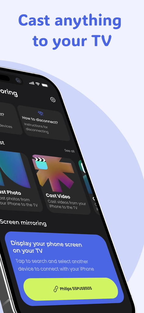 iPhone-Bildschirm zeigt die Benutzeroberfläche der Screen Mirroring Pro App mit Optionen zum Übertragen von Fotos und Videos