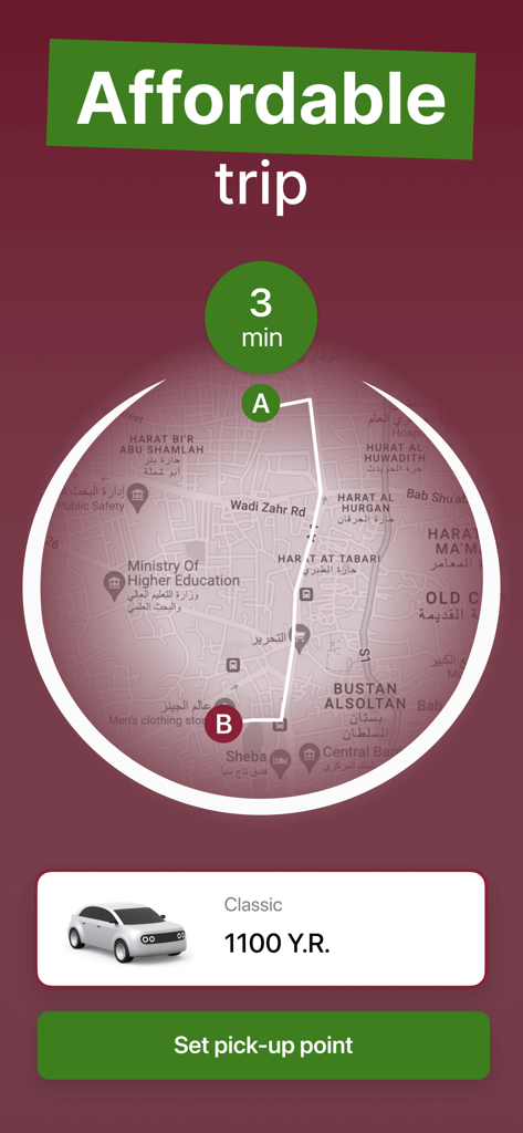 Smart Rahal app interface showing a map of Sanaa with an affordable classic cab option for 1100 YR