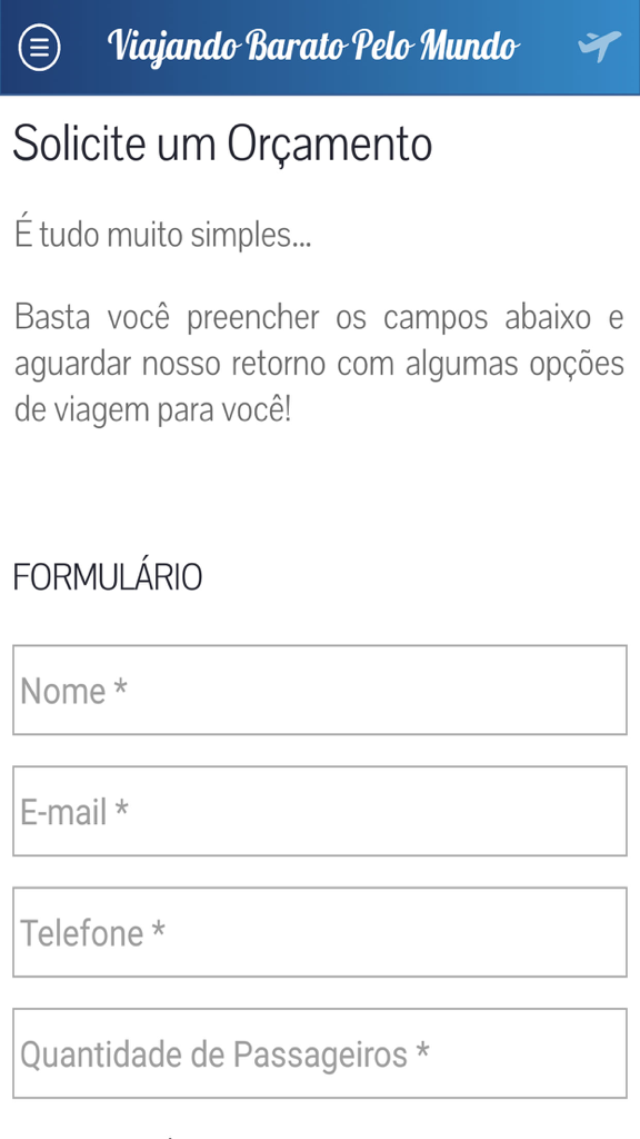 Viajando Barato Pelo Mundo - 연락처 정보 및 승객 수를 위한 필드가 있는 Viajando Barato Pelo Mundo 앱의 여행 견적 요청 양식