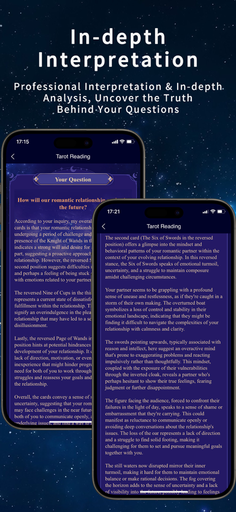 Dos pantallas de móvil mostrando una lectura de tarot en profundidad con IA y un análisis de relaciones sobre un fondo estrellado oscuro.