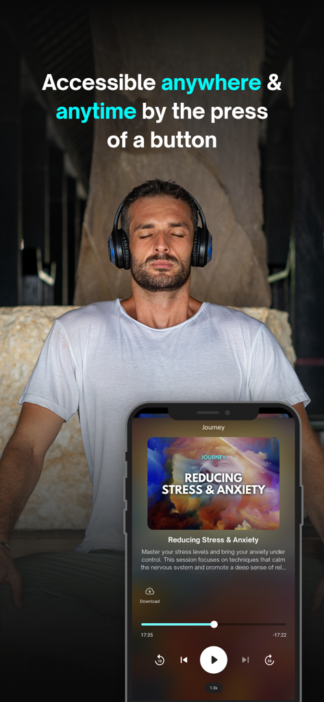 A man meditating with headphones using the BeyondBreath app for stress and anxiety reduction.