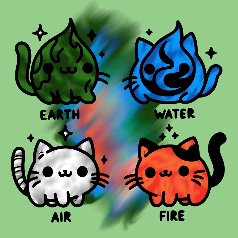 4 cats that represent the different elements, earth, water, air, and fire