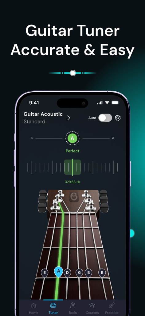 Pantalla de smartphone que muestra la interfaz del afinador 3D de la aplicación IGuitar con un indicador visual verde para una cuerda de guitarra acústica perfectamente afinada.