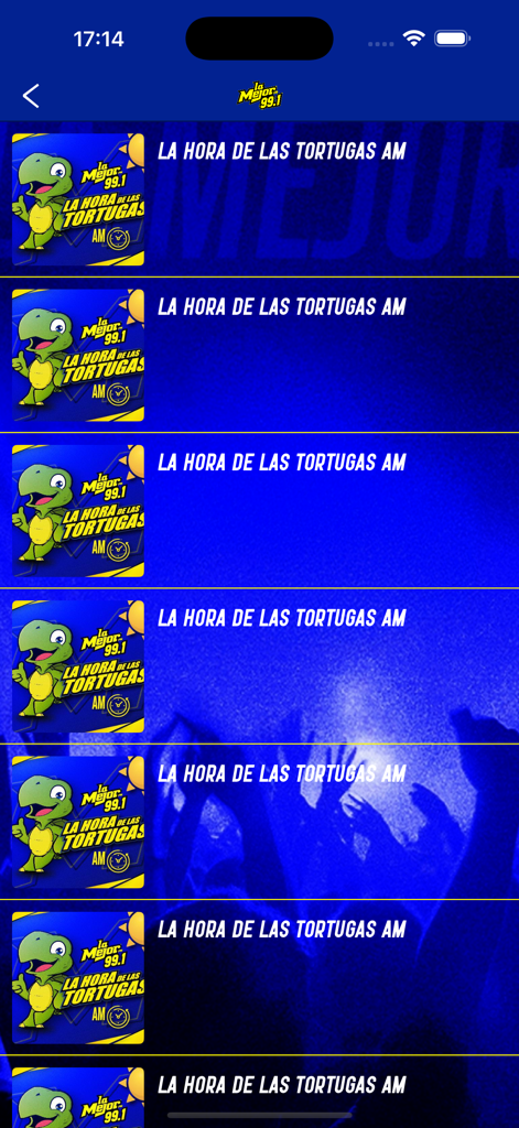 La Mejor FM 99.1 - Captura de tela do aplicativo La Mejor FM 99.1 mostrando uma lista de segmentos do programa La Hora de las Tortugas AM.