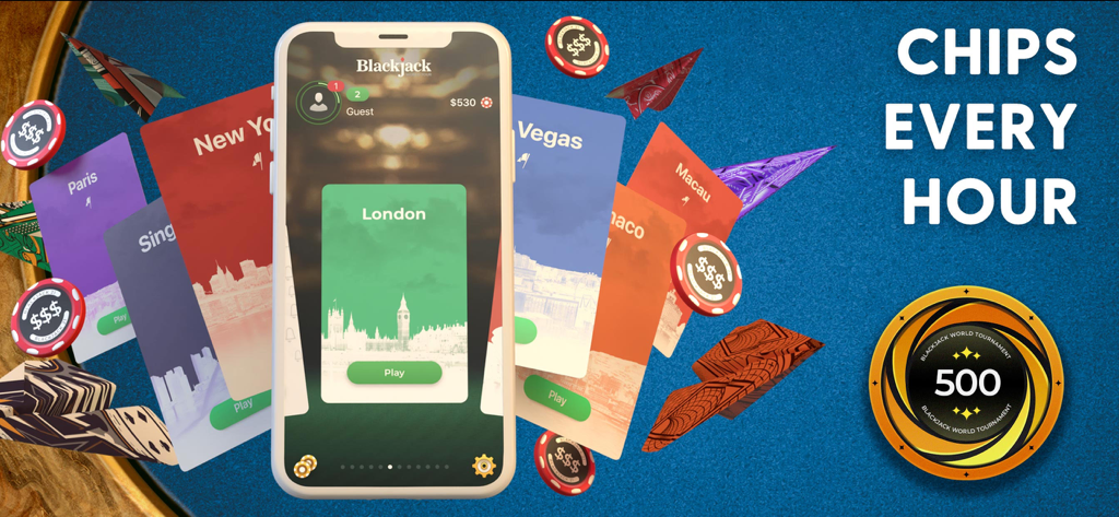 Blackjack - ブラックジャックモバイルゲームにさまざまな世界中の場所と無料チップの報酬が表示されています