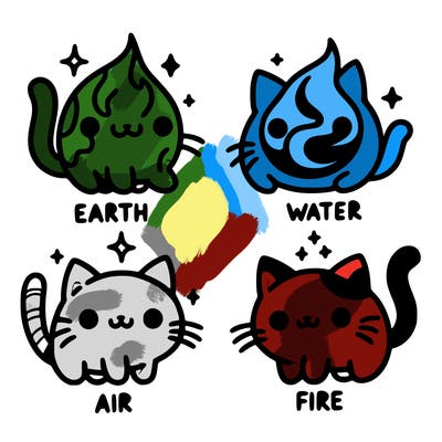 4 cats that represent the different elements, earth, water, air, and fire