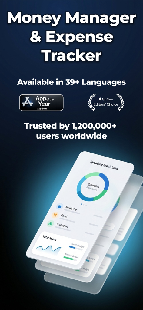 Expense Tracker & Budget - Gli - Glipo app interface showing spending breakdown donut chart and monthly budget tracking