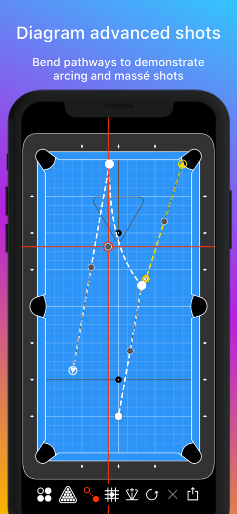 Cue Lab | Shots & Layouts - Smartphone screen displaying a pool table diagram with curved pathways for arcing and masse shots