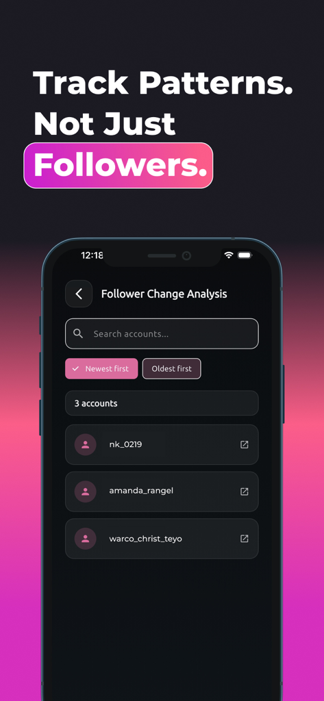 Unfollow Tracker:Follow Report - Unfollow Tracker app screen showing follower change analysis and a list of tracked accounts