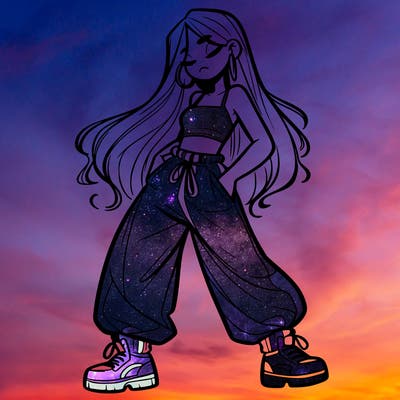 girl in baggy pants crop top and long hair
