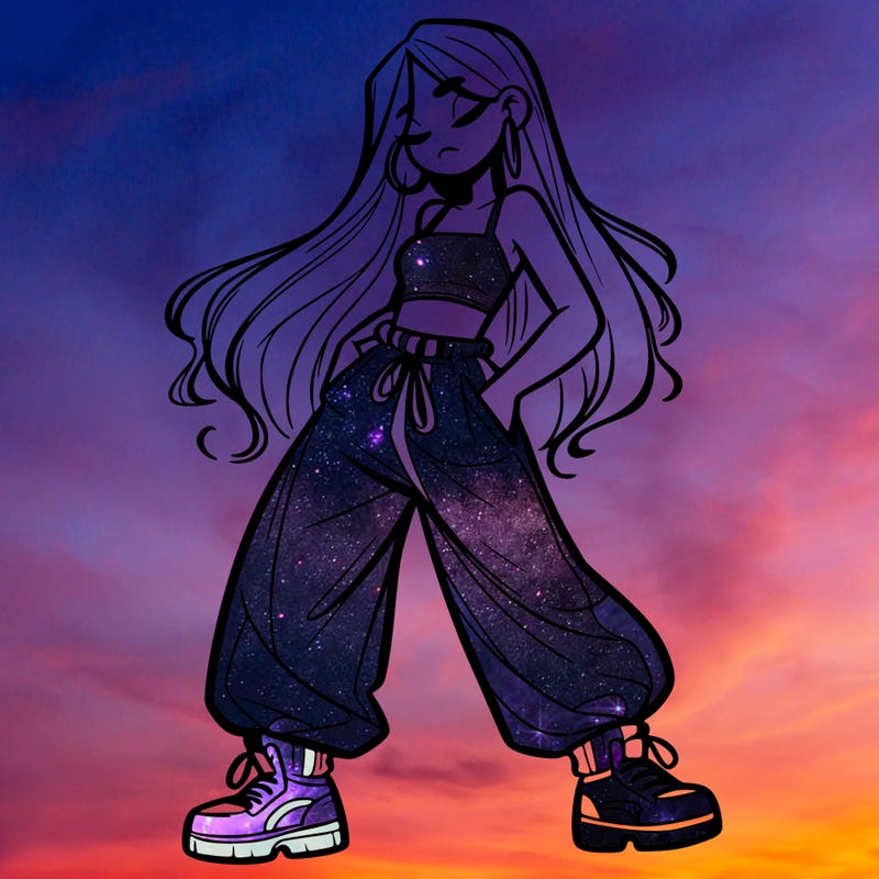 girl in baggy pants crop top and long hair
