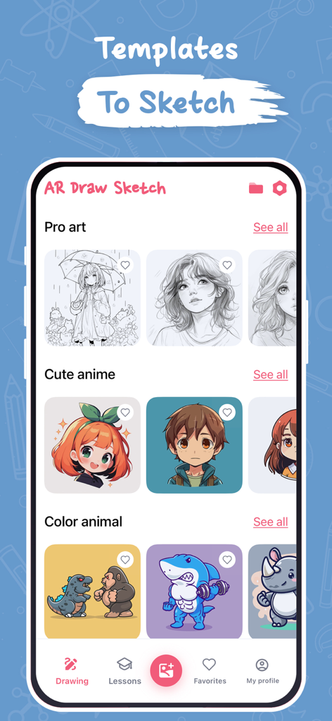 AR Draw Sketch & Trace © - App interface displaying drawing templates categorized by pro art cute anime and color animals