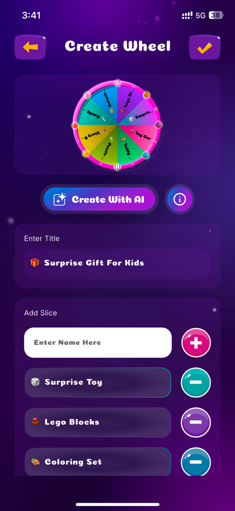 Screen for creating a custom spinning wheel with options for random decision making