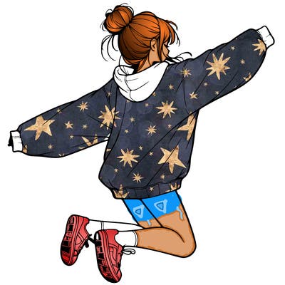 realistic girl jumping with a bun and oversized sweatshirt