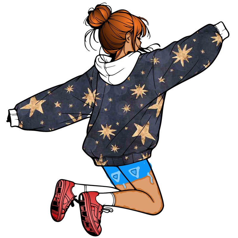 realistic girl jumping with a bun and oversized sweatshirt