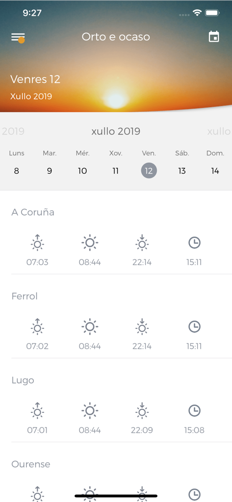 Horas de salida y puesta del sol para ciudades gallegas en la aplicación móvil MeteoGalicia