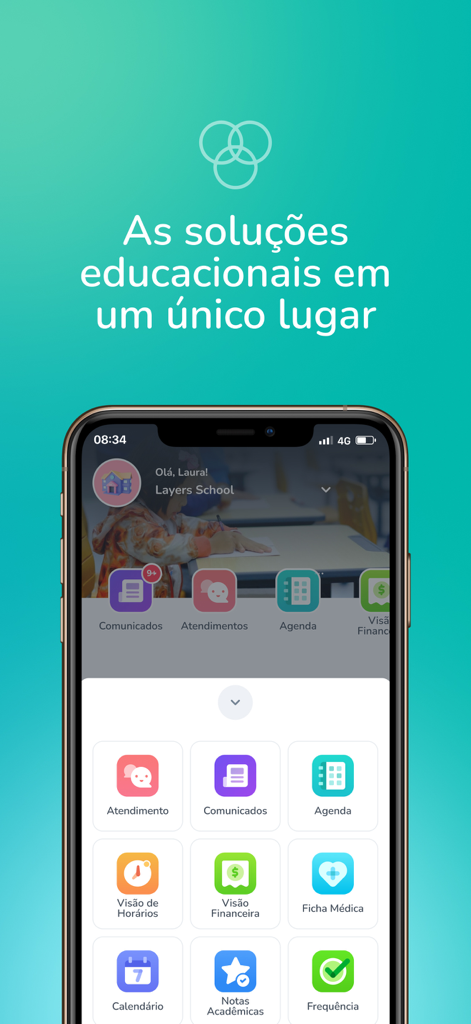 Layers SuperApp - A smartphone displaying the Layers SuperApp dashboard with icons for school communication and academic tracking