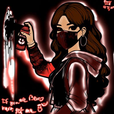 realistic girl with mask spray painting a wall