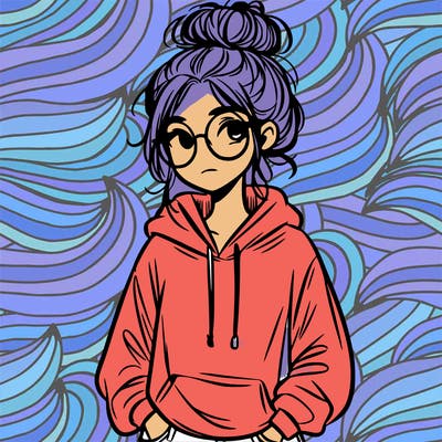 teen girl with a messy bun and glasses wearing a loose hoodie and jeans
