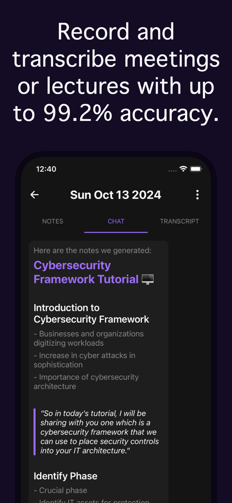 Notegpt - Note Taking AI - Notegpt app interface showing AI-generated notes from a lecture with high transcription accuracy.