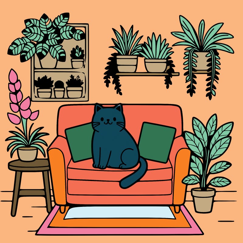 cat on a sofa in a room full of plants