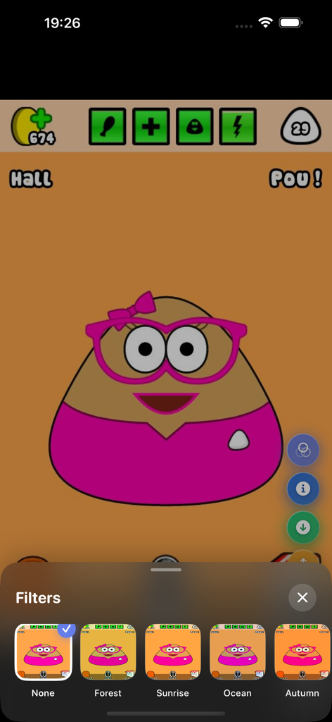 Pou Wallpapers 4k - Pou character wearing pink glasses and a bow with different filter options